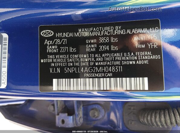 5NPLL4AG2MH048311 2021 HYUNDAI ELANTRA Blue ძრავის განყოფილების ხედი