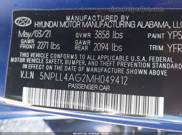 5NPLL4AG2MH049412 2021 HYUNDAI ELANTRA Blue Widok komory silnika