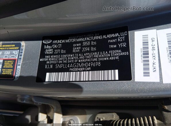 5NPLL4AG2MH049698 2021 HYUNDAI ELANTRA Silver Շարժիչի բաժամունքի տեսք