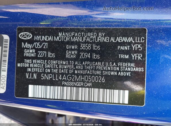 5NPLL4AG2MH050026 2021 HYUNDAI ELANTRA Blue Engine compartment view