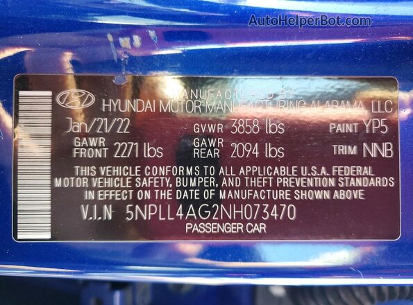 5NPLL4AG2NH073470 2022 HYUNDAI ELANTRA Blue VIN կոդի պիտակի տեսք