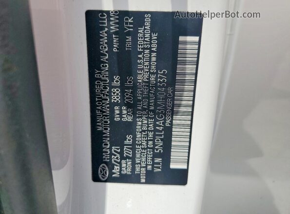 5NPLL4AG3MH043375 2021 HYUNDAI ELANTRA White Widok komory silnika