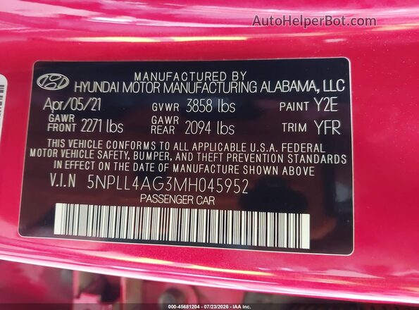5NPLL4AG3MH045952 2021 HYUNDAI ELANTRA Red Engine compartment view