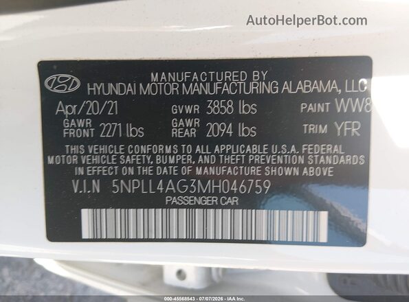 5NPLL4AG3MH046759 2021 HYUNDAI ELANTRA White Engine compartment view