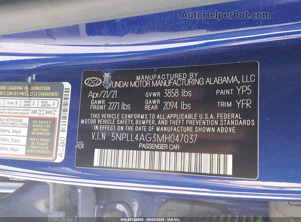 5NPLL4AG3MH047037 2021 HYUNDAI ELANTRA Blue ძრავის განყოფილების ხედი