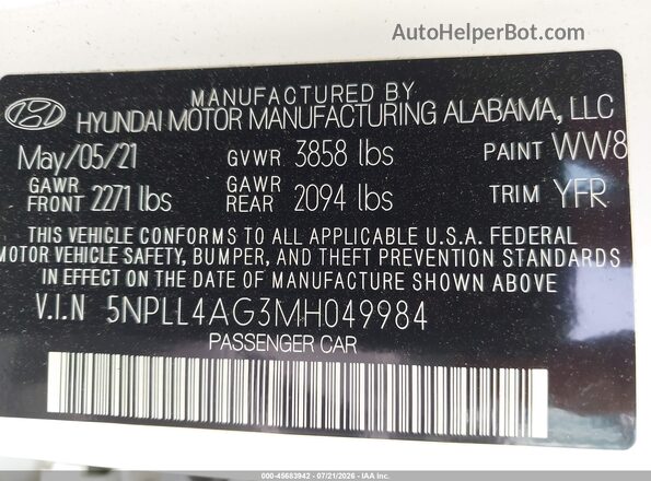 5NPLL4AG3MH049984 2021 HYUNDAI ELANTRA Белый Вид подкапотного пространства