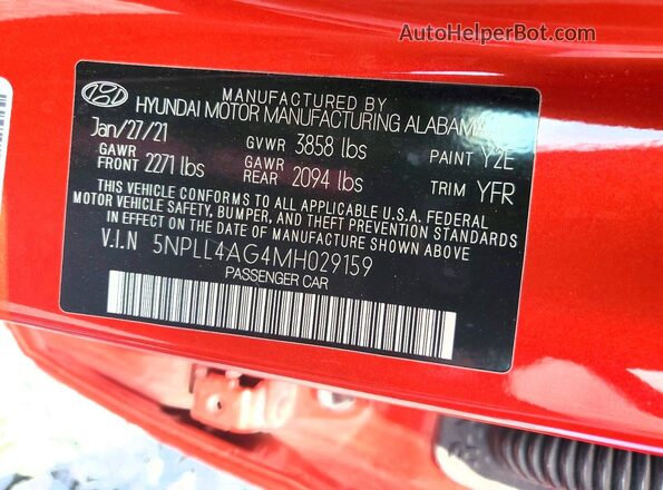 5NPLL4AG4MH029159 2021 HYUNDAI ELANTRA Red ძრავის განყოფილების ხედი