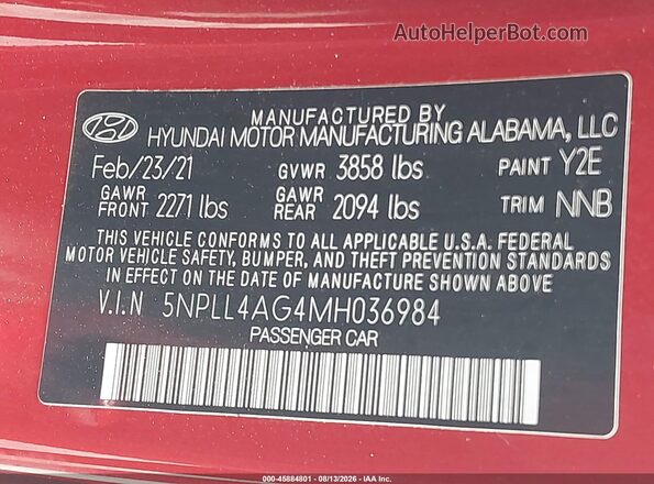 5NPLL4AG4MH036984 2021 HYUNDAI ELANTRA Red Շարժիչի բաժամունքի տեսք