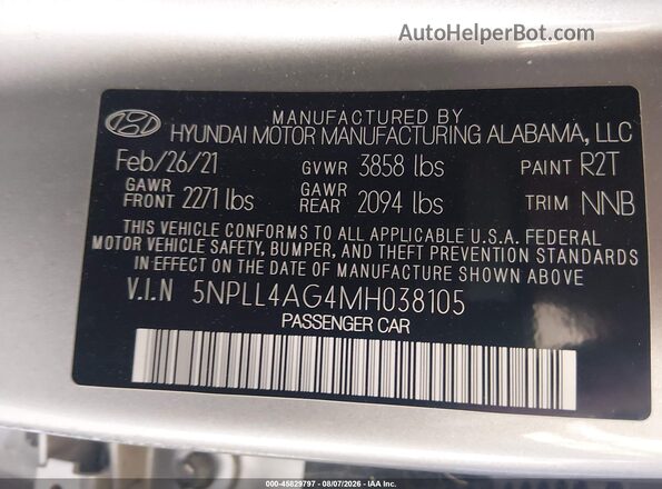 5NPLL4AG4MH038105 2021 HYUNDAI ELANTRA Silver Widok komory silnika