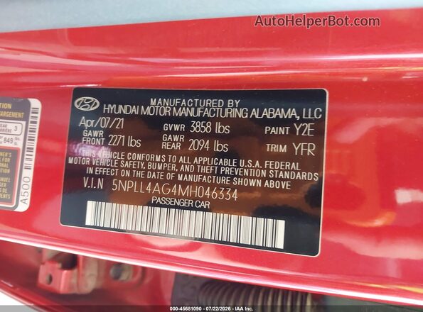 5NPLL4AG4MH046334 2021 HYUNDAI ELANTRA Red Widok komory silnika