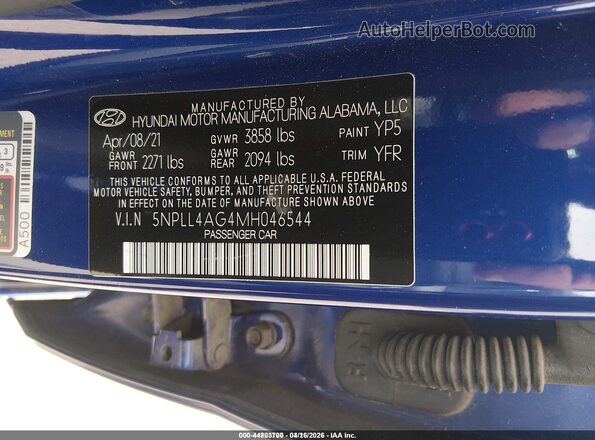 5NPLL4AG4MH046544 2021 HYUNDAI ELANTRA Blue Vista del compartimento del motor