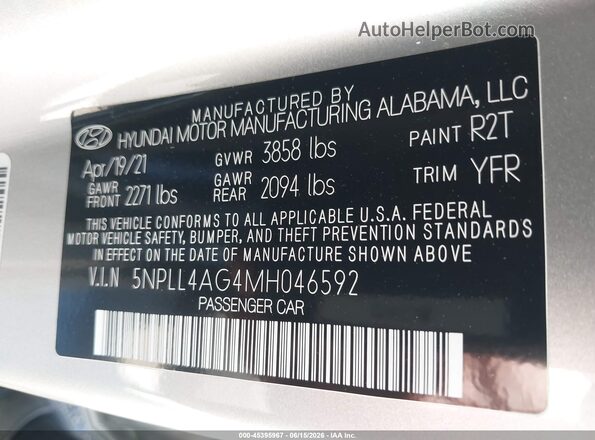 5NPLL4AG4MH046592 2021 HYUNDAI ELANTRA Gray Շարժիչի բաժամունքի տեսք