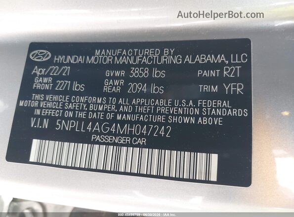 5NPLL4AG4MH047242 2021 HYUNDAI ELANTRA Silver ძრავის განყოფილების ხედი