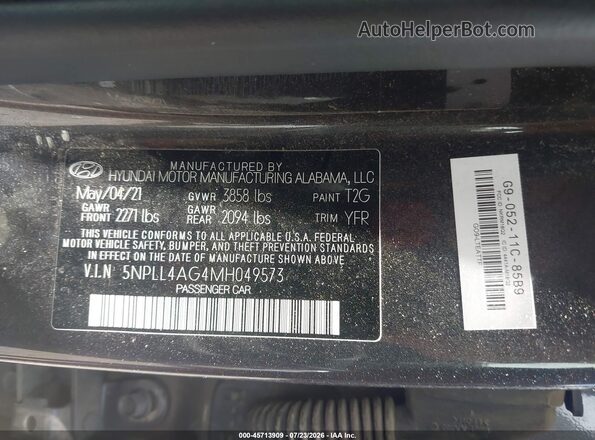 5NPLL4AG4MH049573 2021 HYUNDAI ELANTRA Gray ძრავის განყოფილების ხედი