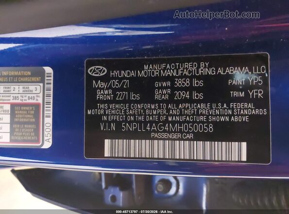 5NPLL4AG4MH050058 2021 HYUNDAI ELANTRA Gray Շարժիչի բաժամունքի տեսք