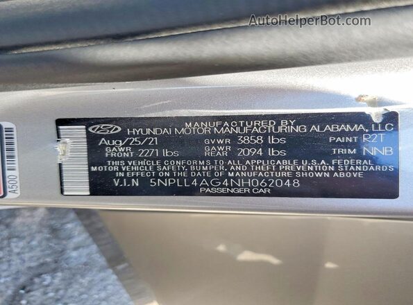 5NPLL4AG4NH062048 2022 HYUNDAI ELANTRA Gray Widok naklejki z numerem VIN