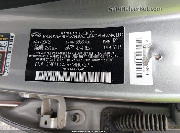 5NPLL4AG5MH042910 2021 HYUNDAI ELANTRA Silver Vista del compartimento del motor