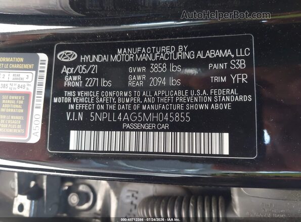 5NPLL4AG5MH045855 2021 HYUNDAI ELANTRA Черный Вид подкапотного пространства