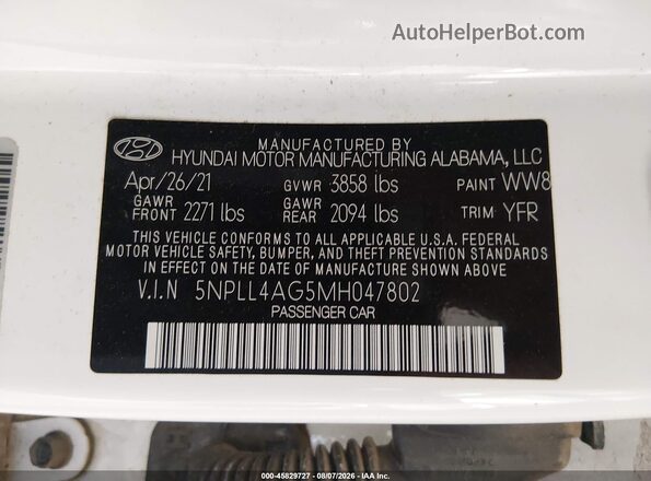5NPLL4AG5MH047802 2021 HYUNDAI ELANTRA White Widok komory silnika