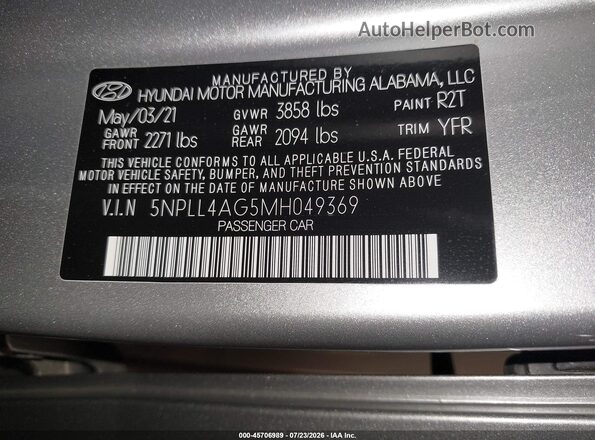 5NPLL4AG5MH049369 2021 HYUNDAI ELANTRA Silver Շարժիչի բաժամունքի տեսք