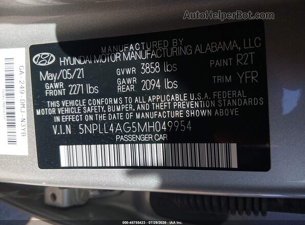 5NPLL4AG5MH049954 2021 HYUNDAI ELANTRA Silver Engine compartment view