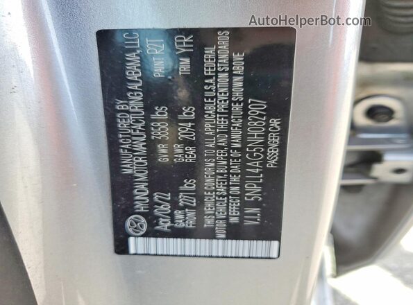 5NPLL4AG5NH082907 2022 HYUNDAI ELANTRA Silver Vista de la etiqueta del VIN