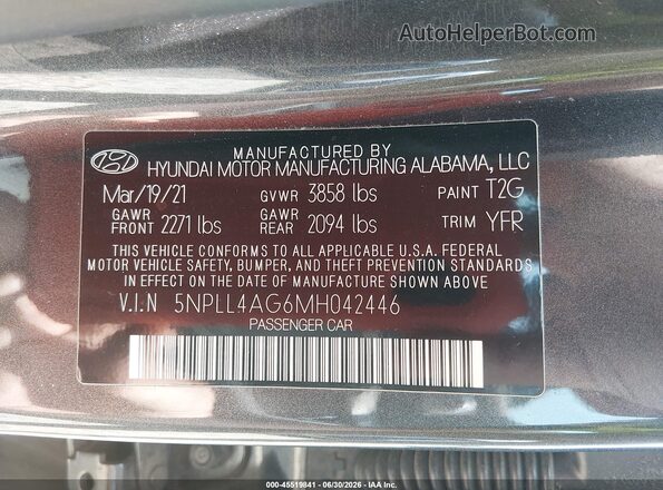 5NPLL4AG6MH042446 2021 HYUNDAI ELANTRA Gray Vista del compartimento del motor