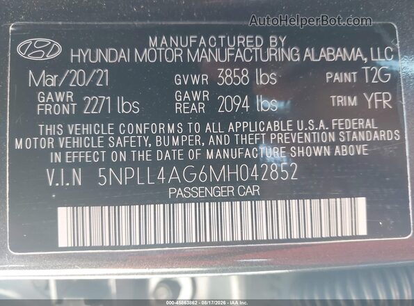 5NPLL4AG6MH042852 2021 HYUNDAI ELANTRA Gray Vista del compartimento del motor