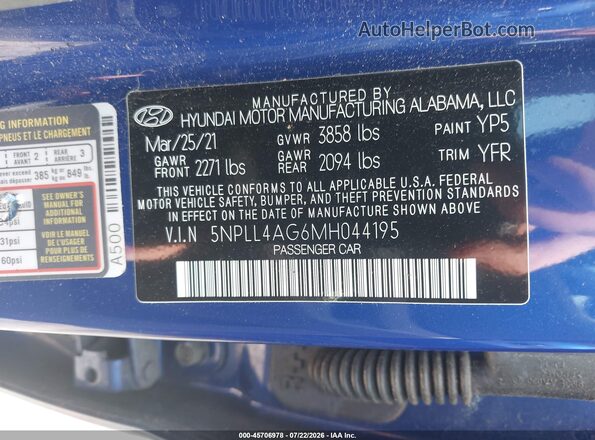 5NPLL4AG6MH044195 2021 HYUNDAI ELANTRA Blue Շարժիչի բաժամունքի տեսք