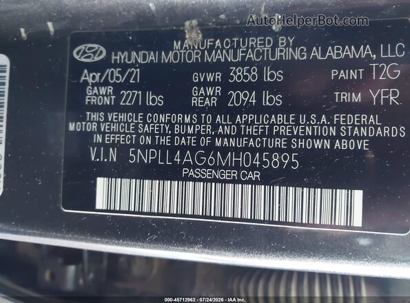 5NPLL4AG6MH045895 2021 HYUNDAI ELANTRA Серый Вид подкапотного пространства