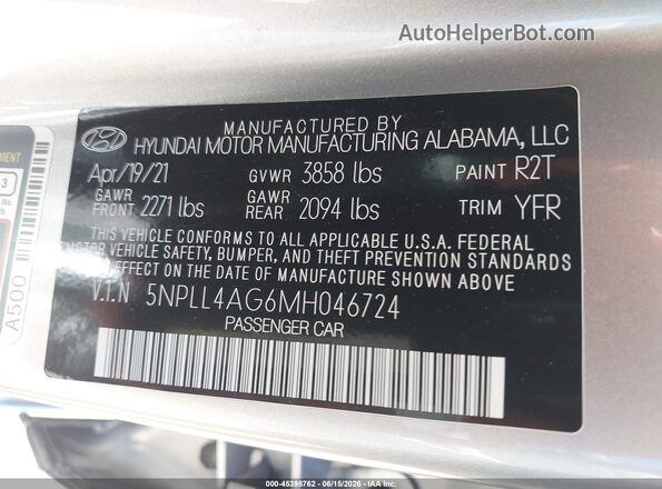 5NPLL4AG6MH046724 2021 HYUNDAI ELANTRA Silver Vista del compartimento del motor