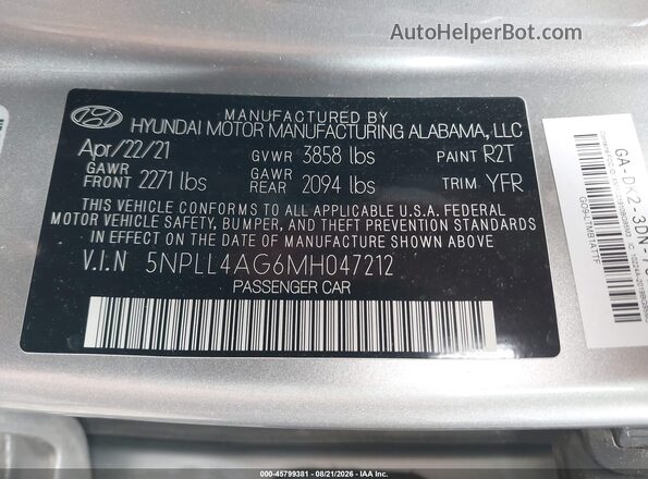 5NPLL4AG6MH047212 2021 HYUNDAI ELANTRA Silver ძრავის განყოფილების ხედი