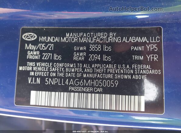 5NPLL4AG6MH050059 2021 HYUNDAI ELANTRA Blue ძრავის განყოფილების ხედი