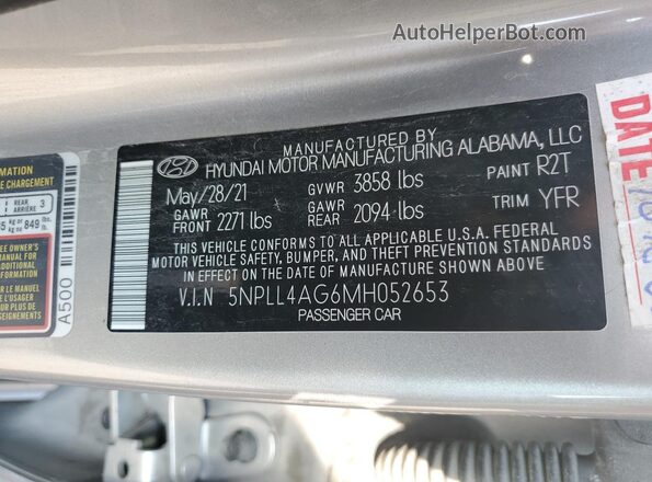 5NPLL4AG6MH052653 2021 HYUNDAI ELANTRA Silver Շարժիչի բաժամունքի տեսք