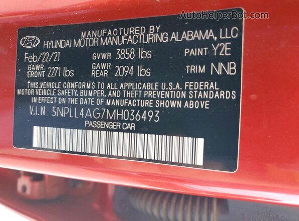 5NPLL4AG7MH036493 2021 HYUNDAI ELANTRA Red VIN კოდის სტიკერის ხედი