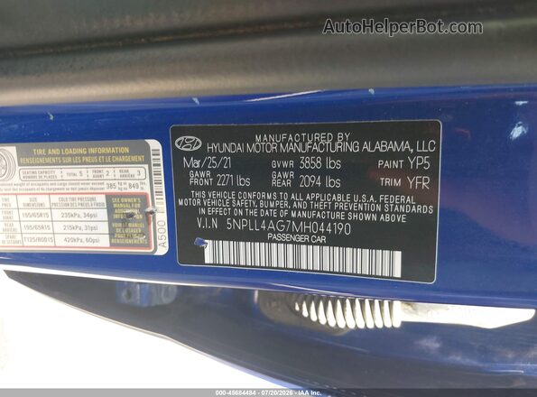 5NPLL4AG7MH044190 2021 HYUNDAI ELANTRA Blue Widok komory silnika
