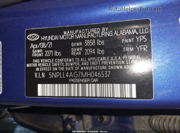 5NPLL4AG7MH046537 2021 HYUNDAI ELANTRA Blue ძრავის განყოფილების ხედი