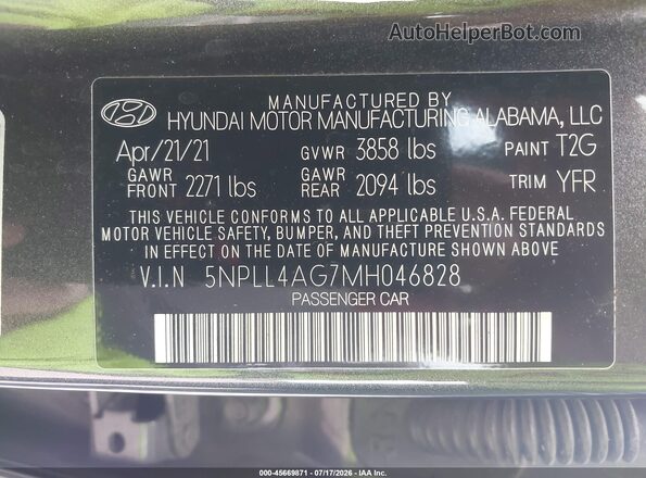 5NPLL4AG7MH046828 2021 HYUNDAI ELANTRA Gray Widok komory silnika