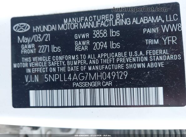 5NPLL4AG7MH049129 2021 HYUNDAI ELANTRA Белый Вид подкапотного пространства