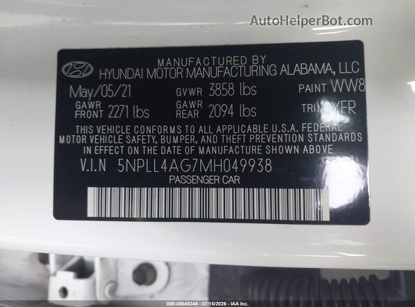 5NPLL4AG7MH049938 2021 HYUNDAI ELANTRA Белый Вид подкапотного пространства