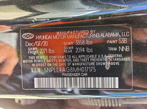 5NPLL4AG8MH017175 2021 HYUNDAI ELANTRA Black Vista de la etiqueta del VIN