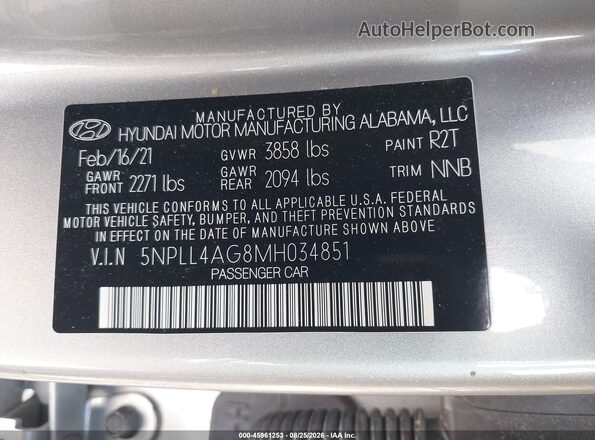 5NPLL4AG8MH034851 2021 HYUNDAI ELANTRA Silver Вид підкапотного простору