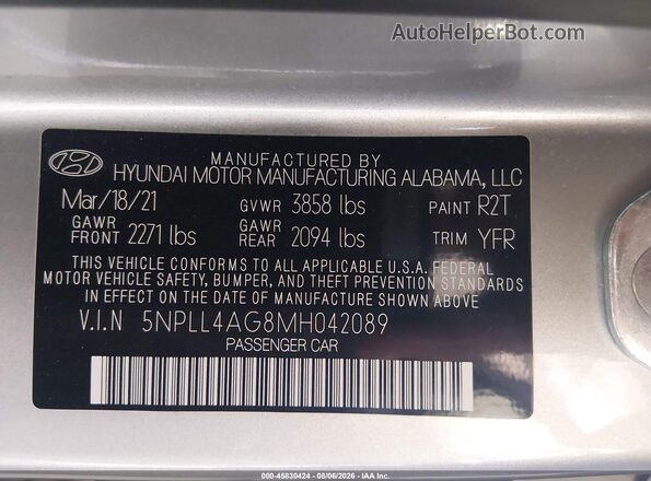 5NPLL4AG8MH042089 2021 HYUNDAI ELANTRA Silver Vista del compartimento del motor