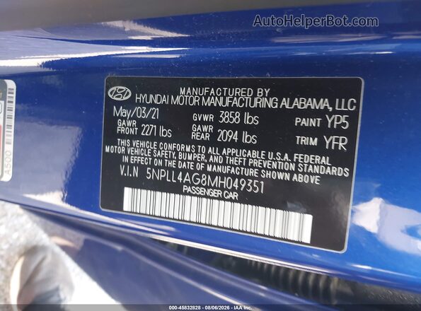 5NPLL4AG8MH049351 2021 HYUNDAI ELANTRA Blue ძრავის განყოფილების ხედი