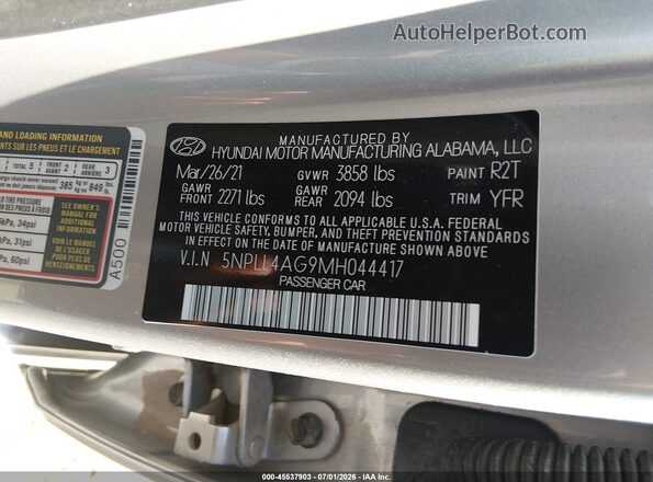5NPLL4AG9MH044417 2021 HYUNDAI ELANTRA Silver ძრავის განყოფილების ხედი