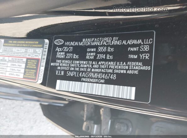 5NPLL4AG9MH046748 2021 HYUNDAI ELANTRA Black Engine compartment view