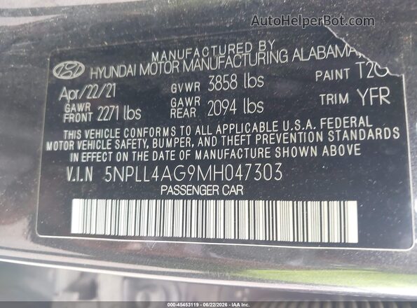 5NPLL4AG9MH047303 2021 HYUNDAI ELANTRA Gray Շարժիչի բաժամունքի տեսք