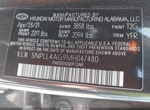 5NPLL4AG9MH047480 2021 HYUNDAI ELANTRA Gray Engine compartment view