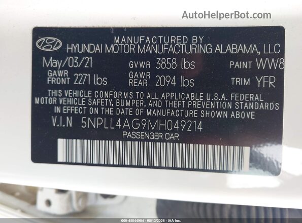 5NPLL4AG9MH049214 2021 HYUNDAI ELANTRA White Vista del compartimento del motor