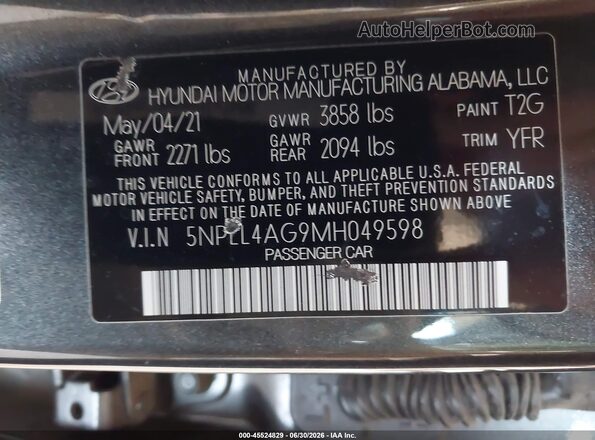 5NPLL4AG9MH049598 2021 HYUNDAI ELANTRA Gray Vista del compartimento del motor